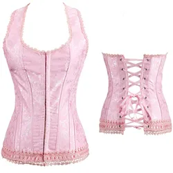 Pink Slimming Appliques Sexy Lingerie Overbust Corset Lace Up Steampunk Corset Bustier BodyShaper Halter Neck Corset