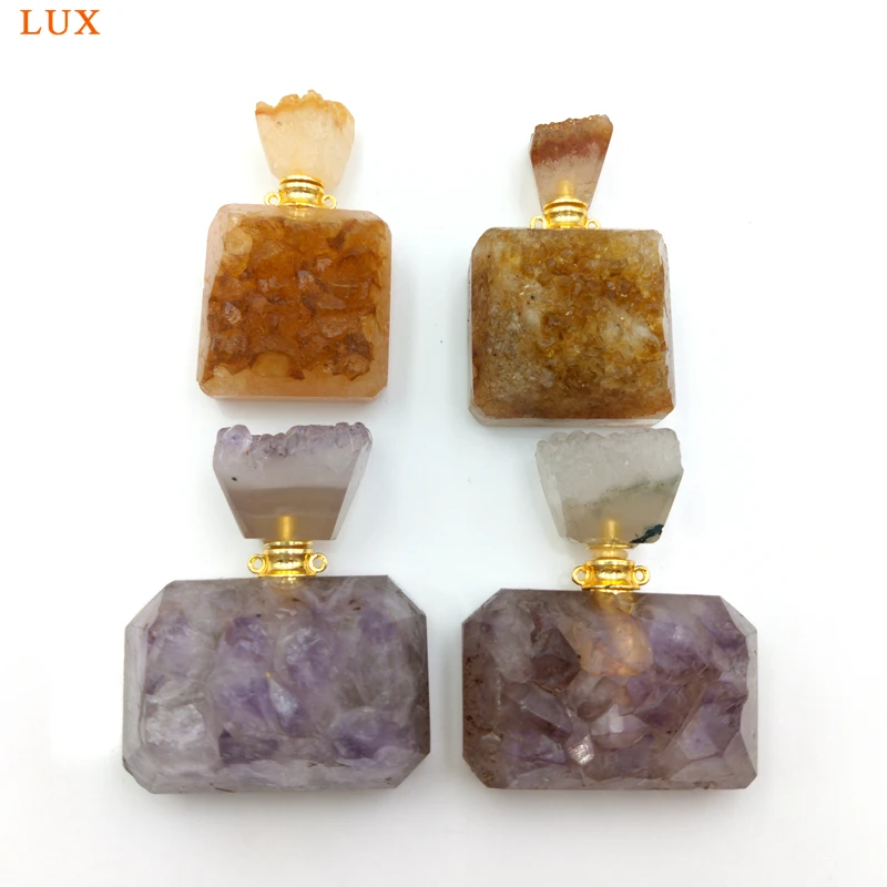 Natural Citrine Amethyst Druzy Perfume Bottle, Gemstone Essential Oil Diffuser, Home Decor, Crystal Gift for Women