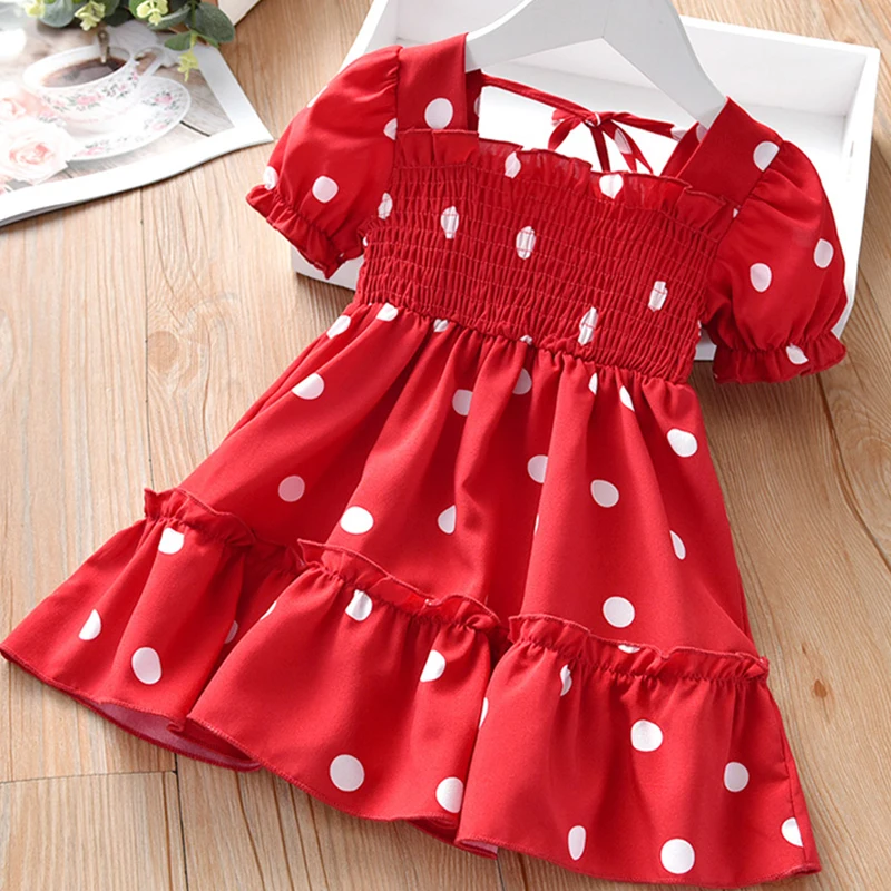 2021 New Baby Summer Dresses Girls Sweet Lace Chiffon Polka Dot Dress Little Girl Chiffon Short Sleeve Dress For Kids Clothes