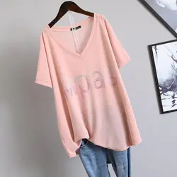 2024 Summer New Womens T-shirt Korean Loose Oversized T-shirt Large Size Diamond V-neck Covering Belly Short Sleeve Tshirt Women