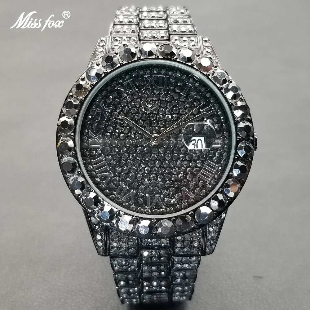 

MISSFOX Hip Hop Men Watches Luxury Japan Quartz Movement Black Wrist watch Diamond Ice Out Stainless Steel Watch For Man Jewelry