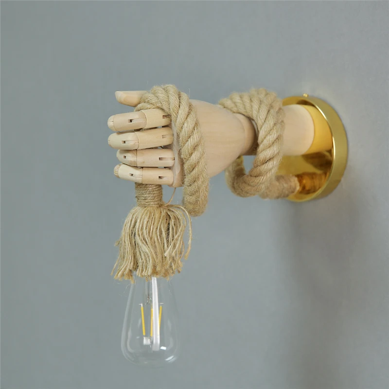 Retro Industrial Style Hemp Rope Wall Light Fixture Simple Creative Hand Shape Wall Lamps Corridor Aisle Indoor E27 Vanity Light