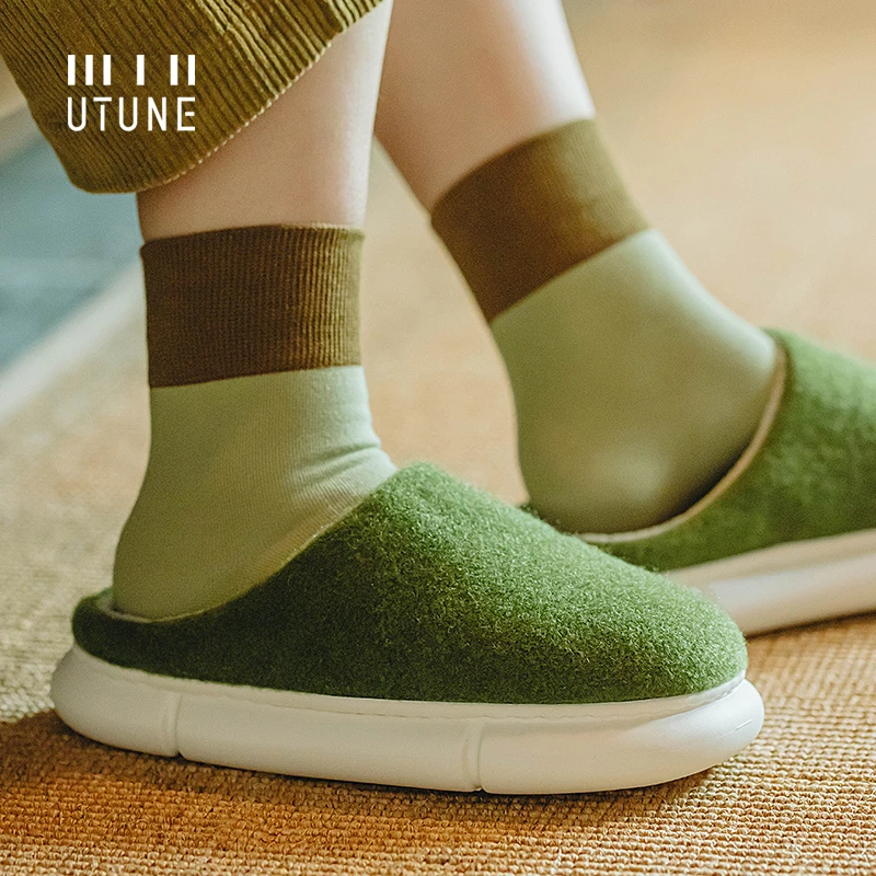 UTUNE Winter Felt  Slippers Women Indoor Men Home Shoes Warm EVA Soft Platform Shoes Furry Slides Pantuflas De Mujer Mules Green