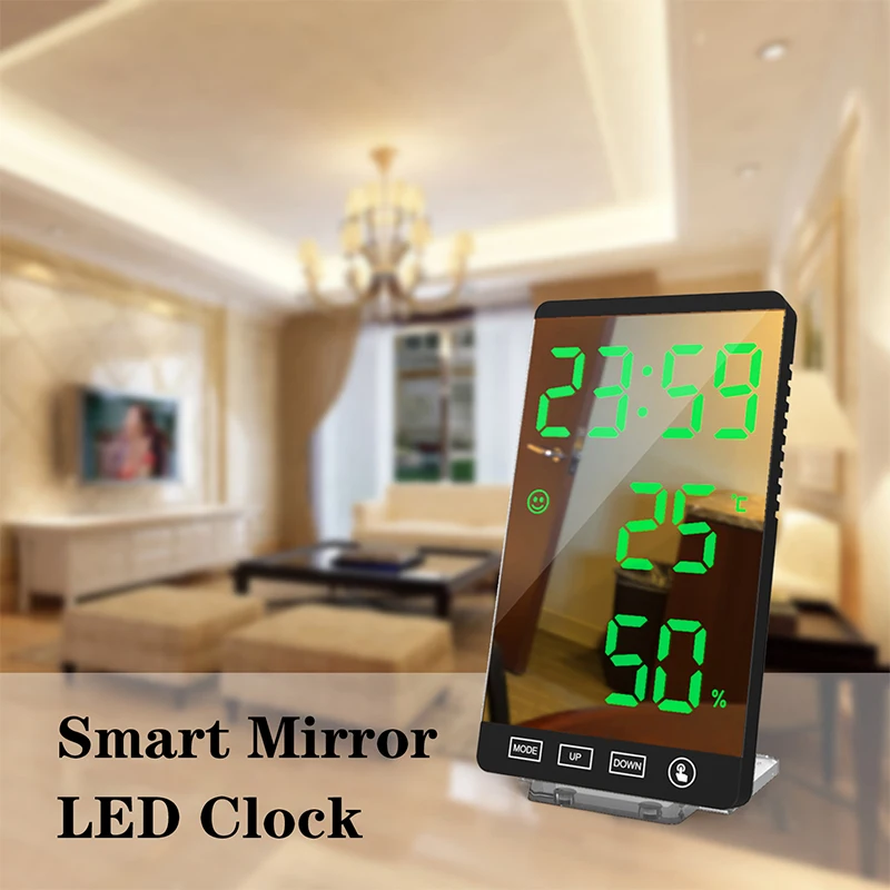 6Inch LED Mirror Alarm Clock Touch Button Wall Digital Clock Time Temperature Humidity Display Clock USB Output Port Table Clock