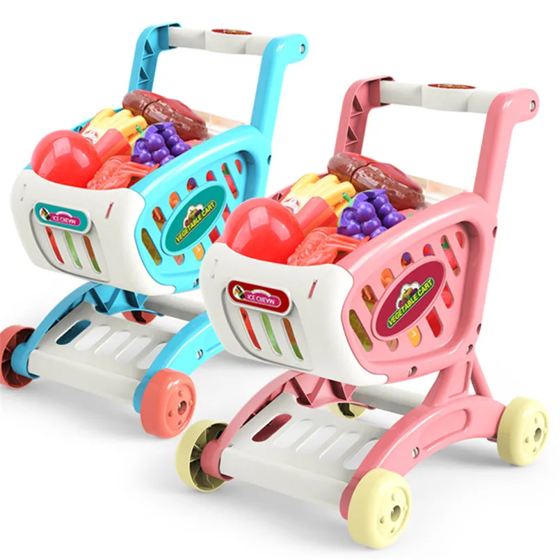 15PCS/set Supermarket Shopping Cart Toys Girls Simulation Trolley Push Car Cutting Food Fruit Pretend Play Kids Educational Toy