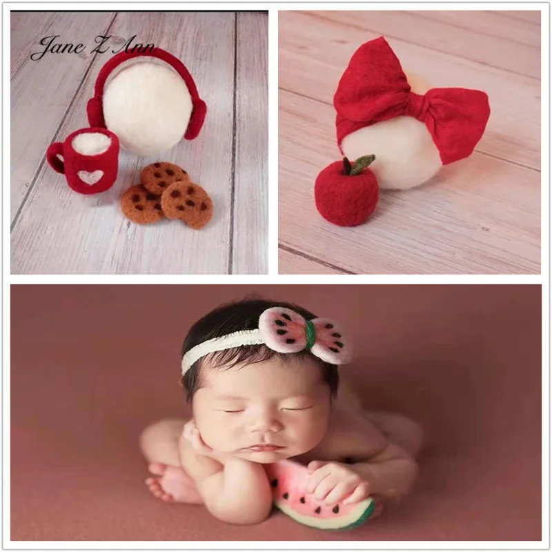 Newborn photography prop wool felt tiara watermelon bow headphone milk tea cookie shape hat studio shooting props