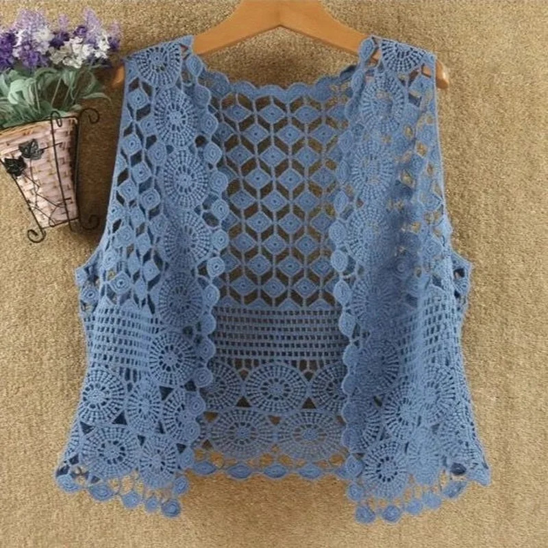 Spring Summer Sexy Hollow Out Lace Top Vest Crochet Sleeveless Waistcoat Women Open Stitch Short Outwear Chalecos Para Mujer 247