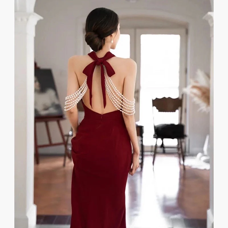 Vintage Wine Red Celebrity Dresses Halter Sleeveless Sexy Backless Pearl Slim Mermaid Female Banquet Trailing Party Evening Gown