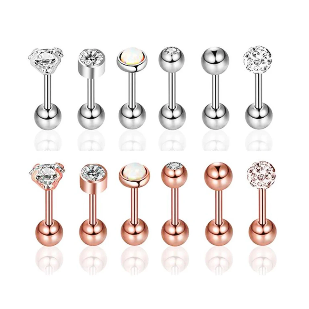 10Set/100pcs Silver Rose Gold Opal Zircon Tragus Piercings Helix Barbell Stud Earrings Cartilage Body Diath Jewelry For Men