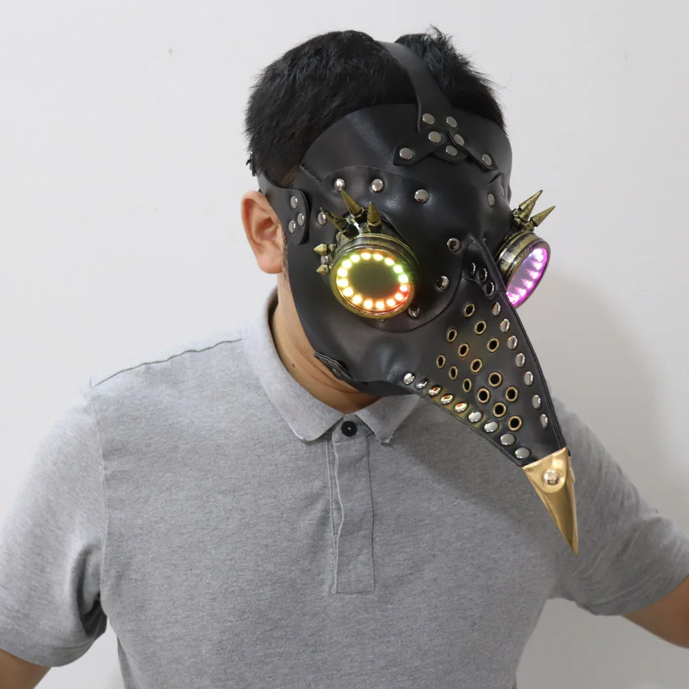 Full color LED lighting Steampunk Plague Bird Doctor Mask Brown PU Leather Bird Beak Mask Gothic Retro Halloween Cosplay