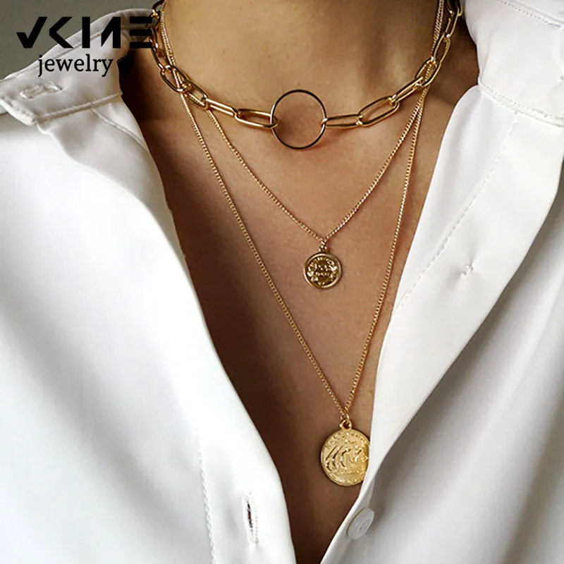 VKME Coin Necklace For Women Geometric round Coin Lock Pendant Necklaces Jewelry collier de perles