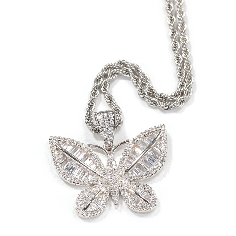 

Silver Color ButterfIy Iced Out Bling Pendant Necklace Mirco Pave Prong Setting Men Women Fashion Hip Hop Jewelry BP060