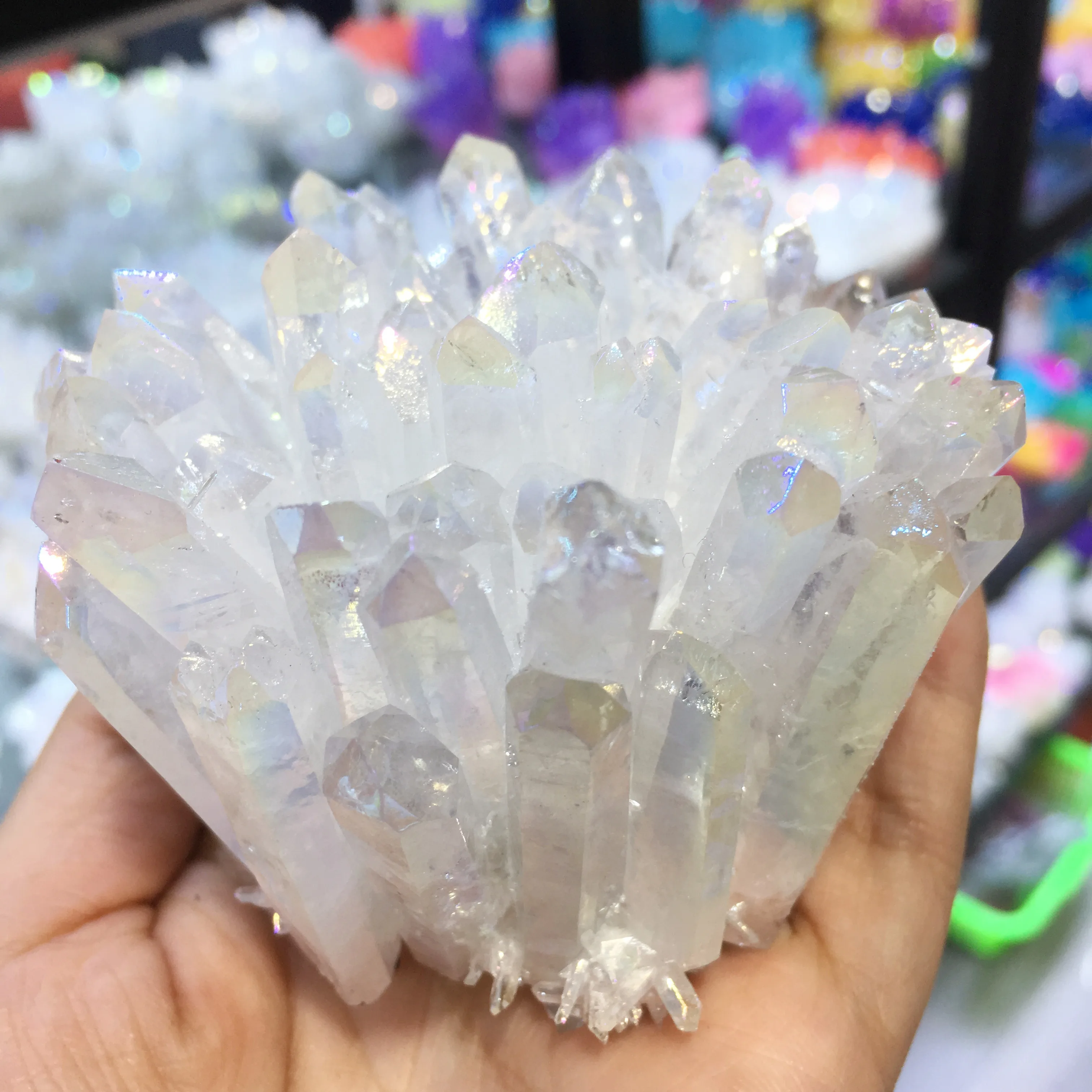 

natural white angel aura crystal cluster electroplating Titanium coating quartz cluster stone Healing