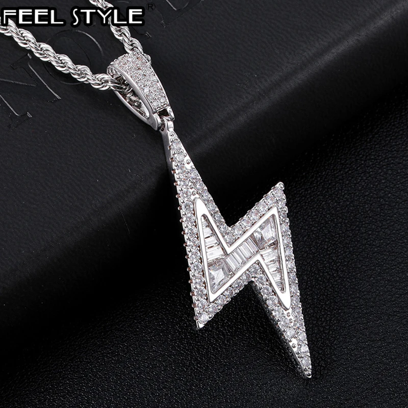 Hip Hop Bling Iced Out Micro Paved CZ Baguette lightning Pendants & Necklaces For Men Rapper Jewelry With Solid Back