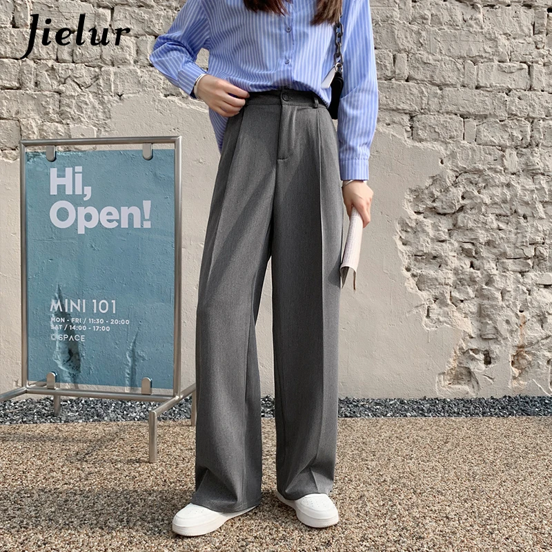 Jielur New Korean Style Zipper White Wide-leg Pants Women Solid Color Suit Trousers Female Autumn Gray High-waist Straight Pants