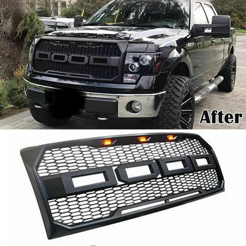 

3PCS LED Lamp Car Racing Grills For Ford F-150 Raptor Style 2009-2014 Matt Black Honeycomb Mesh Front Grids Cover Accessories