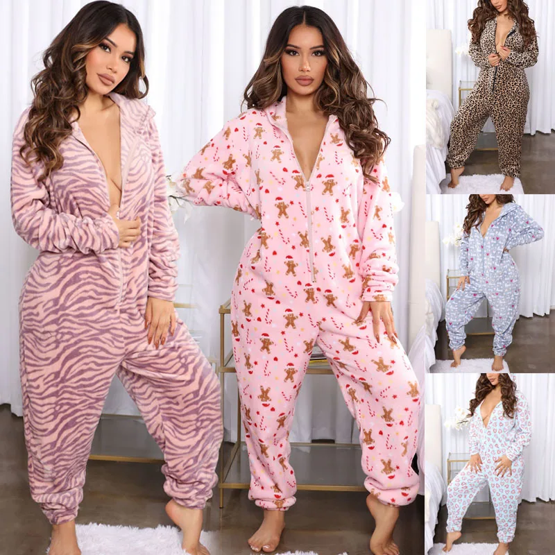 Pijamas navideños con capucha para mujer, mono polar con estampado de copos de nieve y alces, pelele de manga larga con cremallera, ropa de descanso para Otoño e Invierno