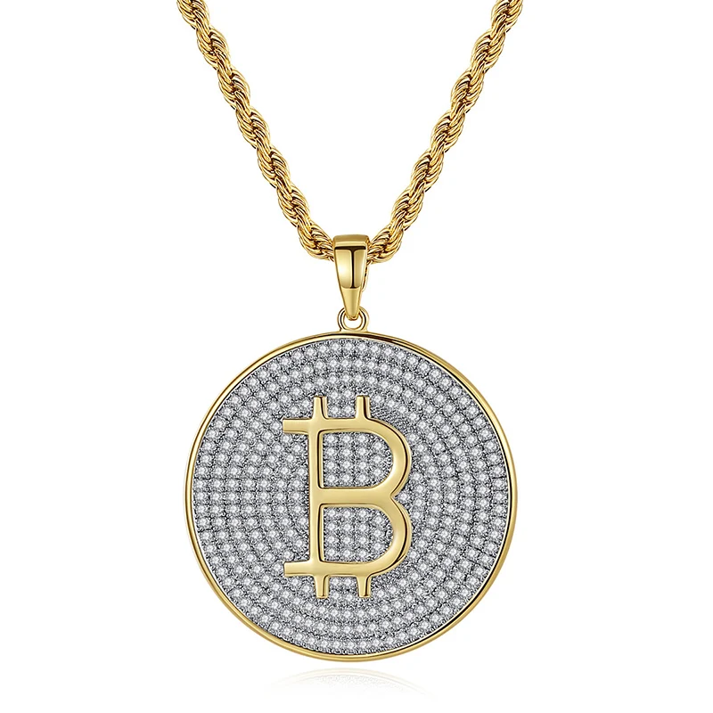 

Hip Hop Micro Pave AAA Cubic Zirconia Iced Out Bling Two Tone Bitcoin Pendants Necklace for Men Fashion Rapper Jewelry