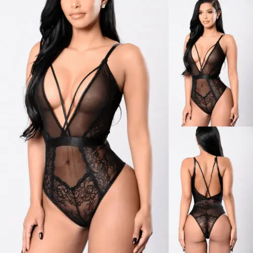 New Womens Sexy Lace Bodysuit Sexy Lingerie Sleeveless V Neck Stretch Leotard Sexy 1-piece Pajamas