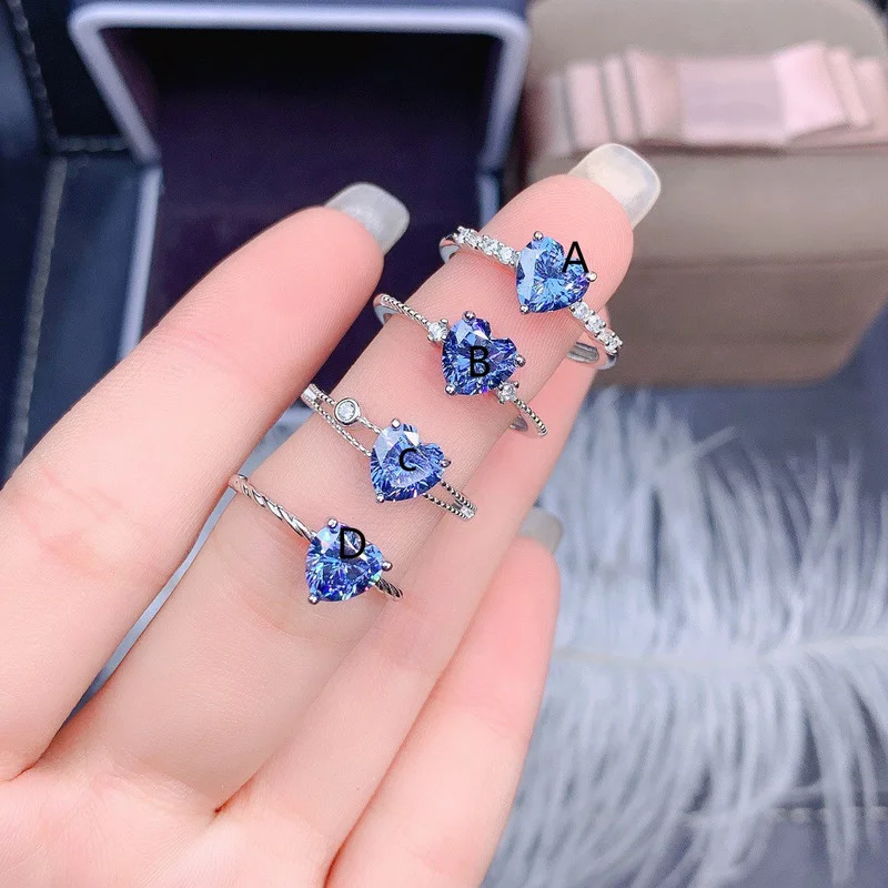 

Fashion 1 Carat Rings for Women Heart Blue Moissanite Charms Bridal Wedding Engagement Silver Color Opening Rings Jewelry