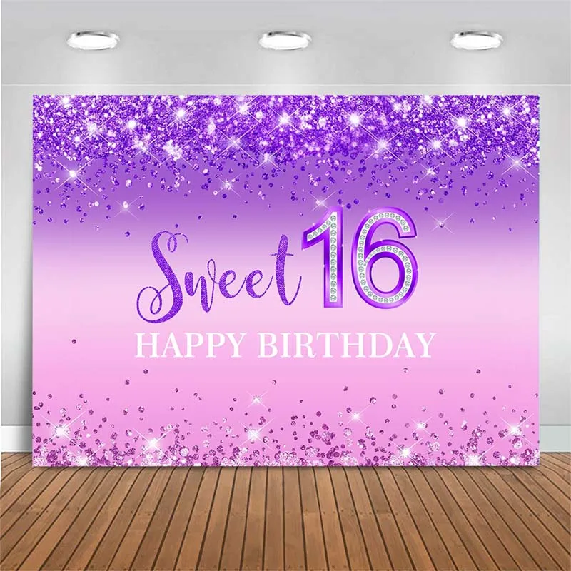 

Sweet 16 Happy Birthday Backdrop Photography Girl 16th Birthday Party Backdrop Decor Banner Customized Glitter Photo Background