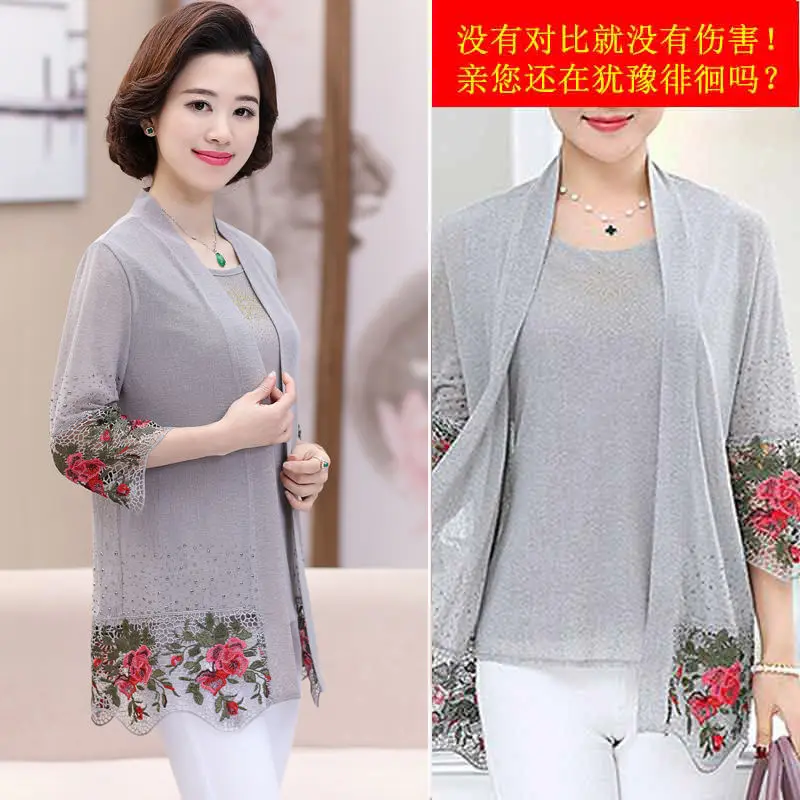 Heavy Industry Lace Embroidery Stitching Women 2pcs Suit Fashion Middle-Aged Mom Summer Shawl Cardigan Two-piece Set Vintage 5XL