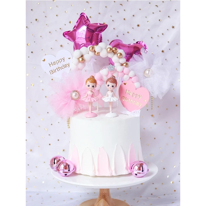 Ballerina Girl Cake Decoration Pink White Hairball Arch Balloon Cake Toppers Wedding Birthday Party Decor Kids favor Baking