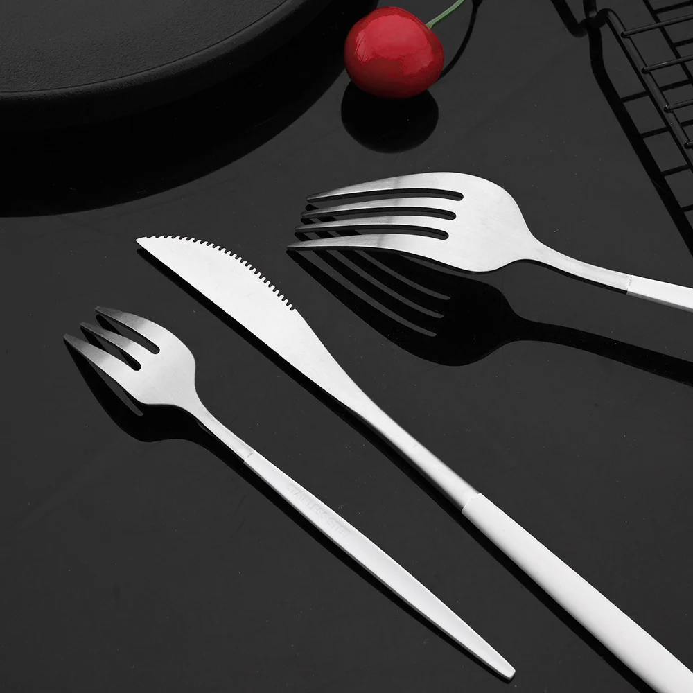 White Silver Matte Stainless Steel Dinnerware Set Dinner Knife Dessert Fork Ice Spoon Cake Fork Coffee Spoon Flaware Cutlery Set