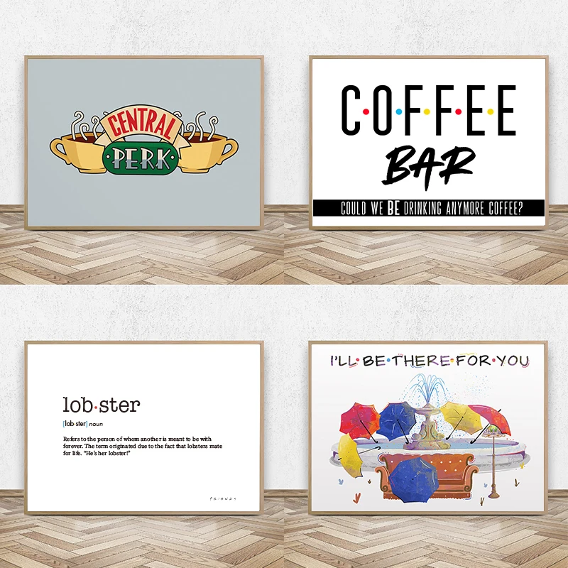 Wall Art Friends TV Show Fontain Watercolor Poster Prints , 90s Sitcom Central Perk Couch Canvas Painting Tv Series Poster Decor
