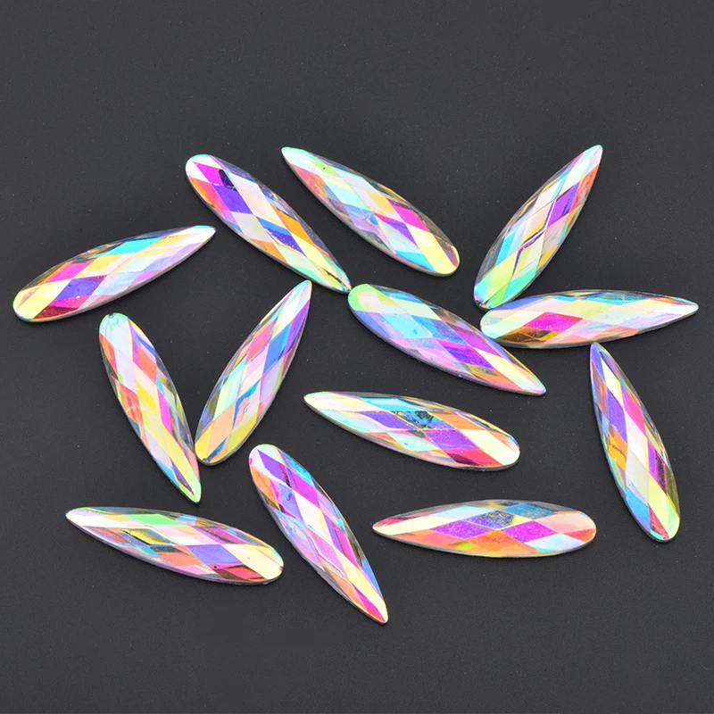 JUNAO 20pcs 9x36mm Glitter Teardrop Crystal AB Rhinestones Applique Flatback Acrylic Crystal Buttons Non Hotfix Strass Diamond