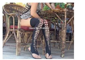 Lady New Elastic Hollow Out Flat Sandals Long Boots Women Fashion Casual Over the Knee Sandals Boots Sexy Thigh High Boots