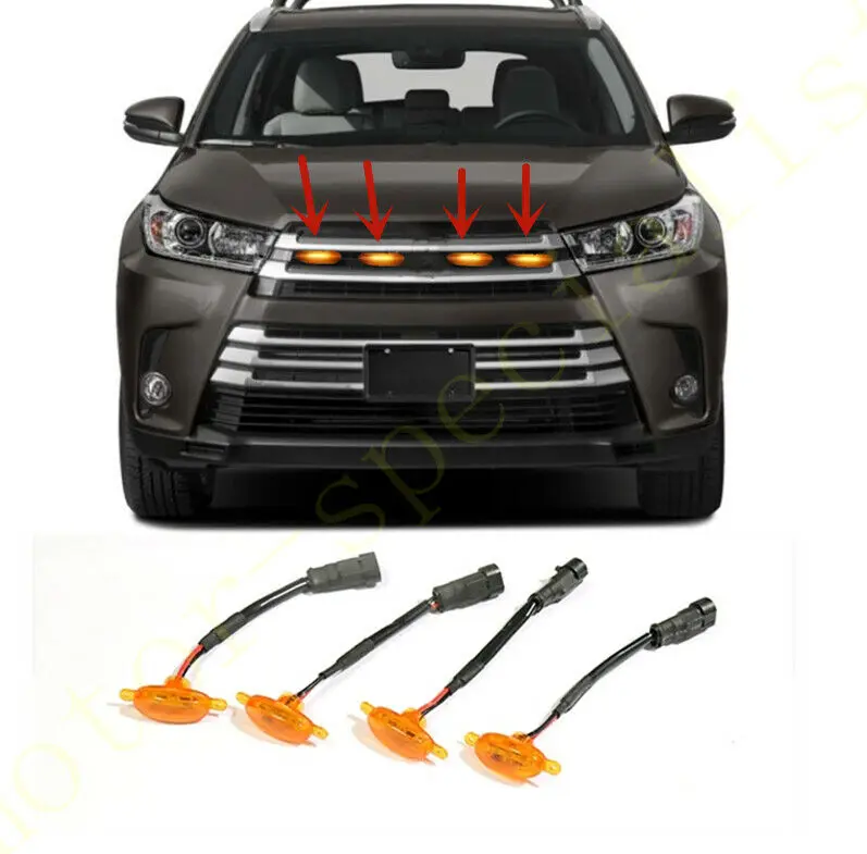 

LED Car Front Grille LED Amber Light Raptor Style Light Kit Decor W/ Wire Speed 4Pcs For Toyota Highlander 2017-2019