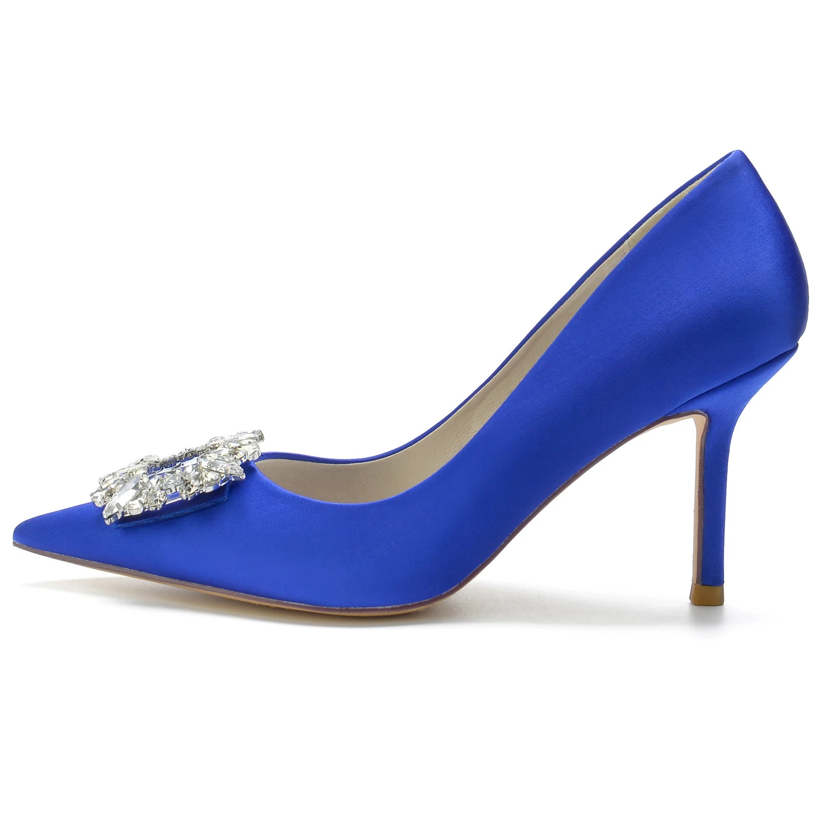 New Classic Pointed Toe Lady Satin Evening Dress Shoes Slip on Square Crystal Brooch Super Thin High Heels Party Prom Wedding
