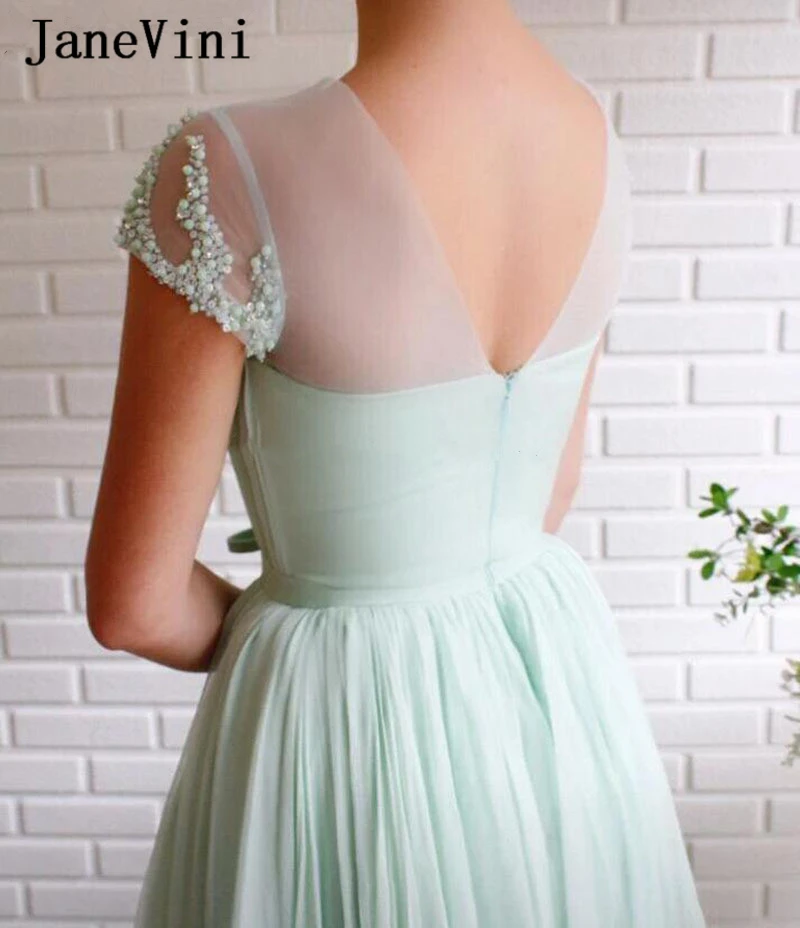 JaneVini Mint Green Sexy Prom Dress with Sleeves 2022 Luxury Beaded Pearls Tulle Robe Side Slit Long Dresses for Women Plus Size