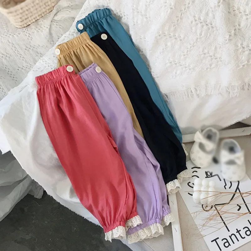 Summer Cotton Thin Breathable Lace Floral Kid pants Candy Color Loose Cotton Pants Children Girl Prevent Mosquito Pants