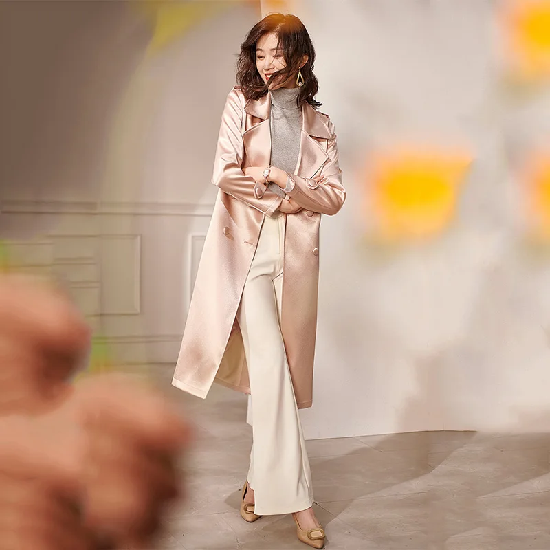 British Style Elegant Women Trench Coat with Belt Double Breasted Lapel Pink Khaki Solid Color Mid-long Slim Female Windbreaker