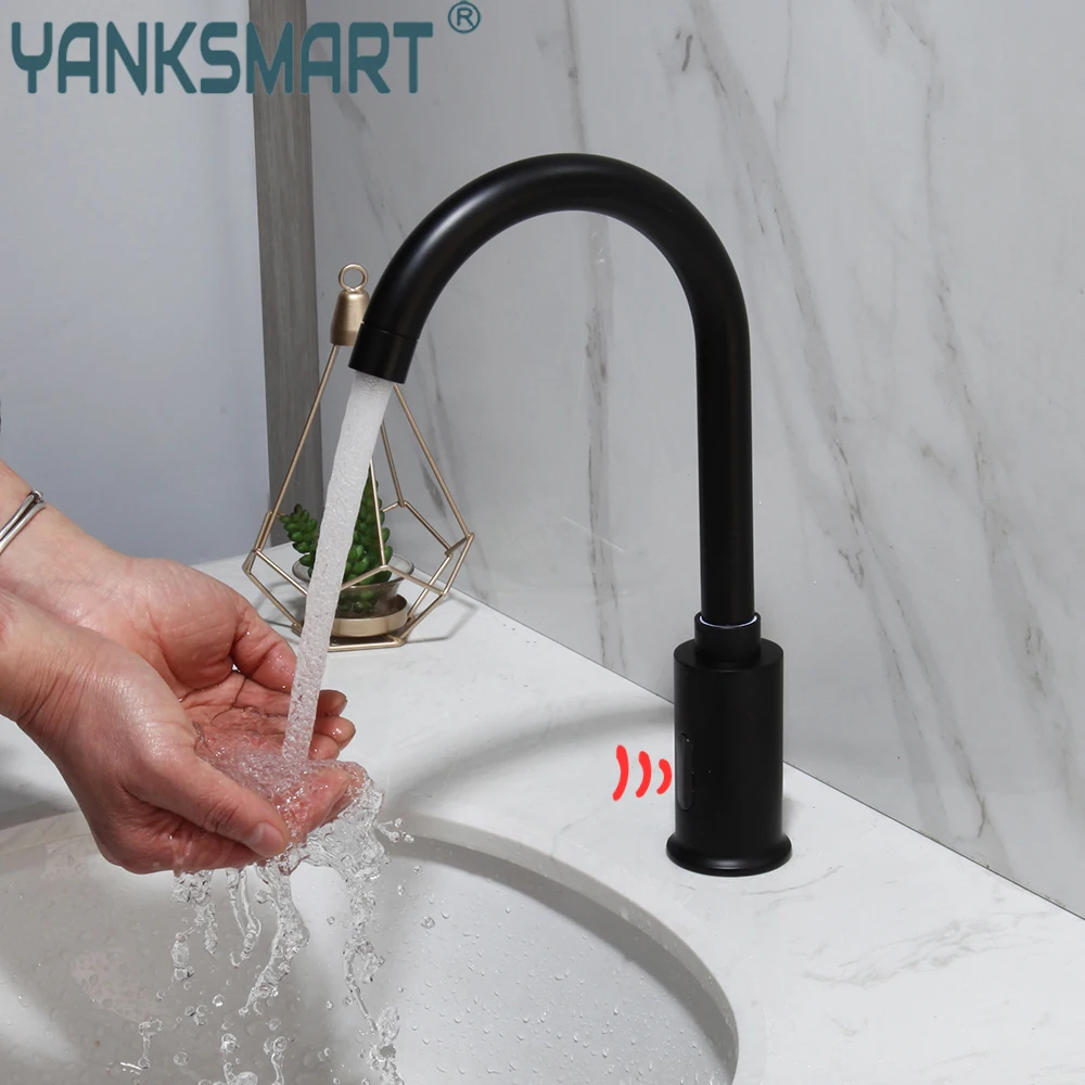 

YANKSMART Matte Black Bathroom Sensor Faucet Basin Sink Deck Mounted Free Touch Automatic Inflated Sensor Faucet Mixer Water Tap