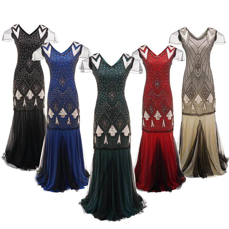

Women Vintage Flapper Great Gatsby Dress Long Embelished Beaded Costumes V-Neck Cap Sleeve Sequin Fringe Party Vestidos Dresses