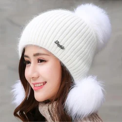 Simple Girl Thicken Ski Snow Cap New Fashion Fur PomPoms Winter Wool Women Beanie Hats Female Skullies Warm Knit Hat Set