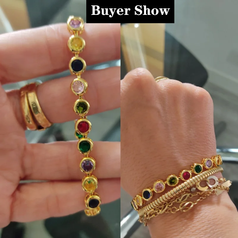 Pera Multicolor Red Cubic Zirconia Yellow Gold Color Round Big Women Tennis Chain Bracelets for Daily Party Prom Jewelry B155