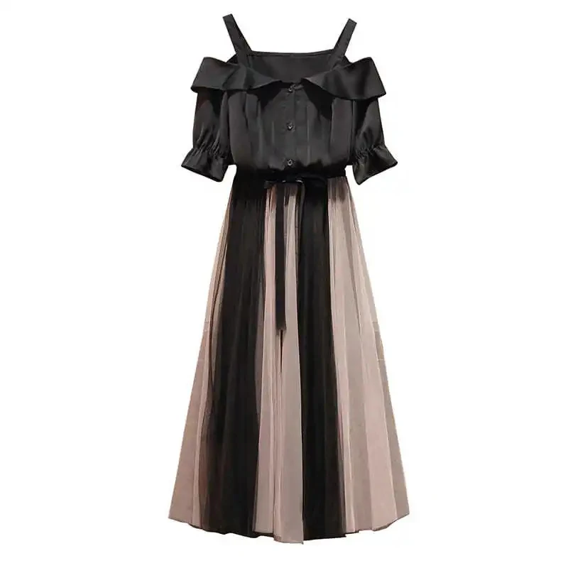 Casual Plus Size Tulle Skirt Women+short Sleeve Buttoned Shirt Two-piece Suit Fashion Long Pleated Mesh Skirts New A-line Skirt