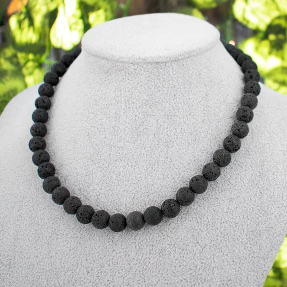 Boho Black Lava Stone Beaded Necklace Trendy Natural Stone Aromatherapy Essential Oil Diffuser Aesthetic Strand Necklaces