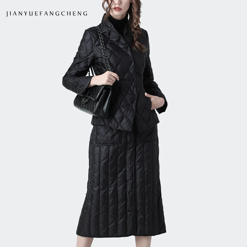 Women 2 Piece Set Jacket and Skirt Winter Plus Size Thicken Warm Black Duck Down 2 Piece Set Womens Outfits Ladies Clothing