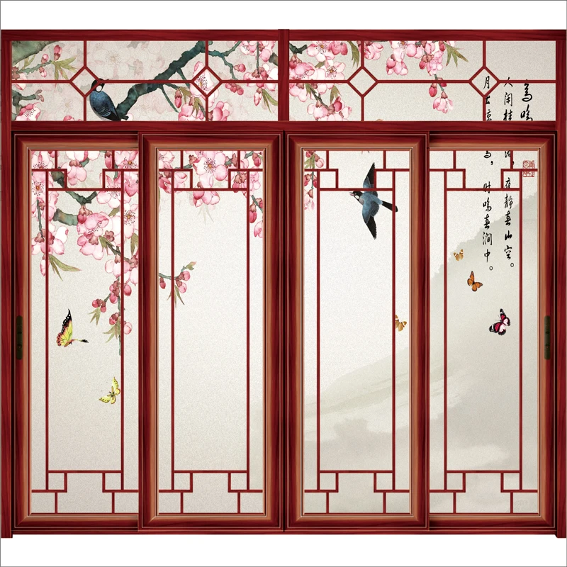 Custom Size Colorful Window Decor Films Static Cling Chinese Culture Painting And Poem Privacy Protaction 40cmx100cm