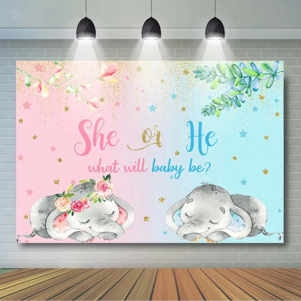 

Mocsicka Elephant Gender Reveal Party Backdrop She or She Pink or Blue Baby Shower Party Banner Glitter Star Backdrop