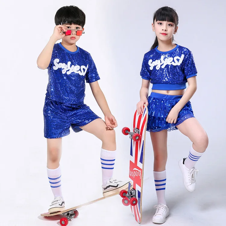 ใหม่แจ๊สเครื่องแต่งกายหญิงสีฟ้าชุดHip Hop Street Danceเสื้อผ้าเวทีสวมใส่เสื้อผ้าเต้นรำเครื่องแต่งกายสำหรับเด็ก