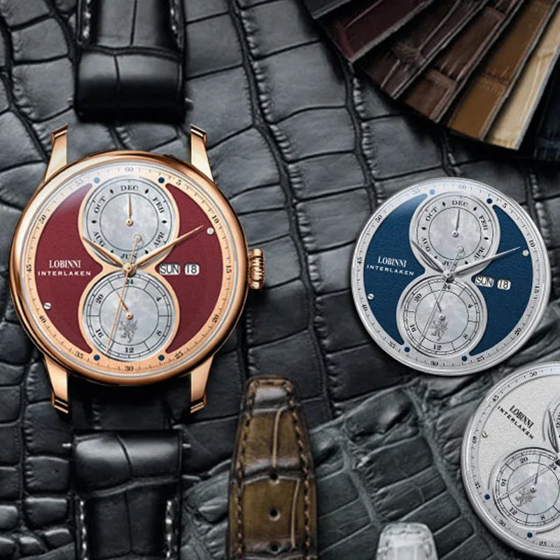 LOBINNI Calendario multifunzione Orologi da uomo Movimento a gabbiano Orologi meccanici automatici da uomo Orologio impermeabile in vetro zaffiro