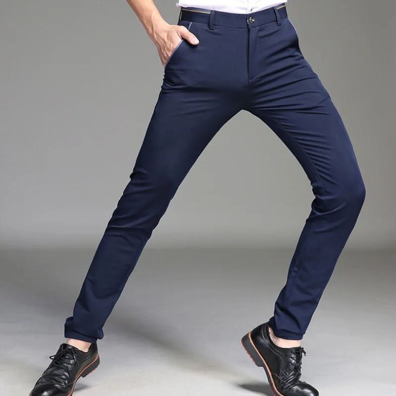 Casual Pants Male Stretch Business Straight Dress Trousers Ankle-Tied Men Office Pants Ice Silk Breathable Men\'s Classic Pants