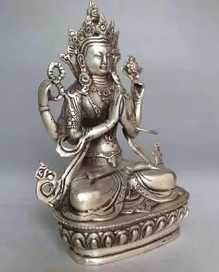 

free shipping Big 21cm Tibet Buddhism Silver Bodhisattva Four-armed Avalokiteshvara Buddha Statue