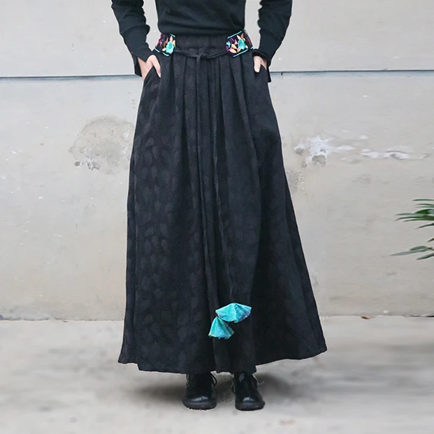 

Free Shipping 2021 New Fashion Long Maxi A-line Elastic Waist Women Autumn Winter M-XL Vintage Thick Linen And Cotton Skirts